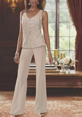 Vintage jewel long sleeves two pieces chiffon mother dress sequined